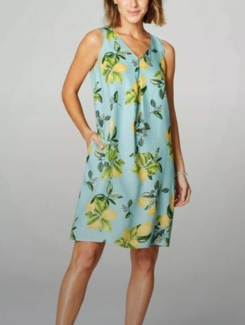 J. Jill Love Linen Lemon Tropical Print Tank Dress V-neck Resortwear Sz S - Picture 2 of 13